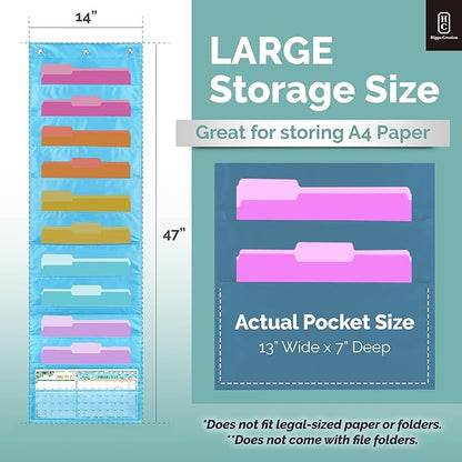 Hippo Creation Storage Pocket Chart for Classroom, 10 Pocket Storage Organizer with 3 Over-Door Hangers, Hanging Wall Organizer for File Folders, School Mailbox, Home Office Papers - Clear Blue