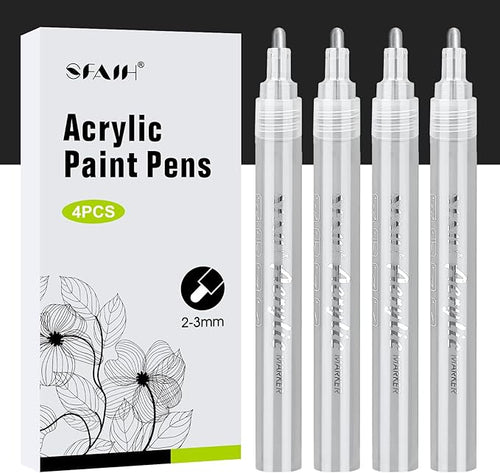 SFAIH Silve Paint Markers Paint Pens - 4 Pack 2-3MM Medium Tip Metallic Acrylic Markers for Rock Painting, Wood, Metal, Fabric, Plastic, Canvas, Glass, Ceramic, Diy Crafts, Drawing, Tire
