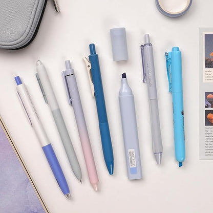 WRITECH Gel Pens Journaling Highlighters: Journal Set Aesthetic Assorted Pastel Color Ink 0.5mm Fine Point Retractable 0.7mm Black Pen Smooth Writing Drawing No Bleed 7ct (Blue)