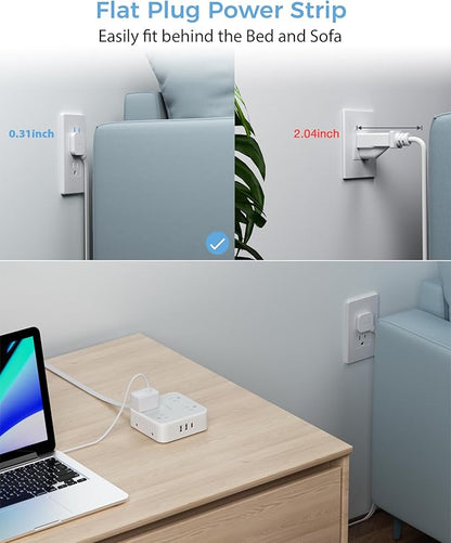Power Strip Surge Protector 10 Ft Cord, 8 AC Outlets, 3 USB Charger(1 USB C Port), Ultra Thin Extension Cord, Flat Plug, 900 Joules Protection, Desk Charging Station for Home, Office Essentials