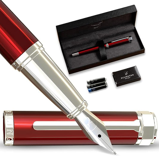 Luxury Fountain Pen Set- Fountain Pens for Writing - Smooth Fine Nib - Includes Refillable Ink Converter, 3 Ink Cartridges [Black & Blue], Gift Box - Elegant Calligraphy
