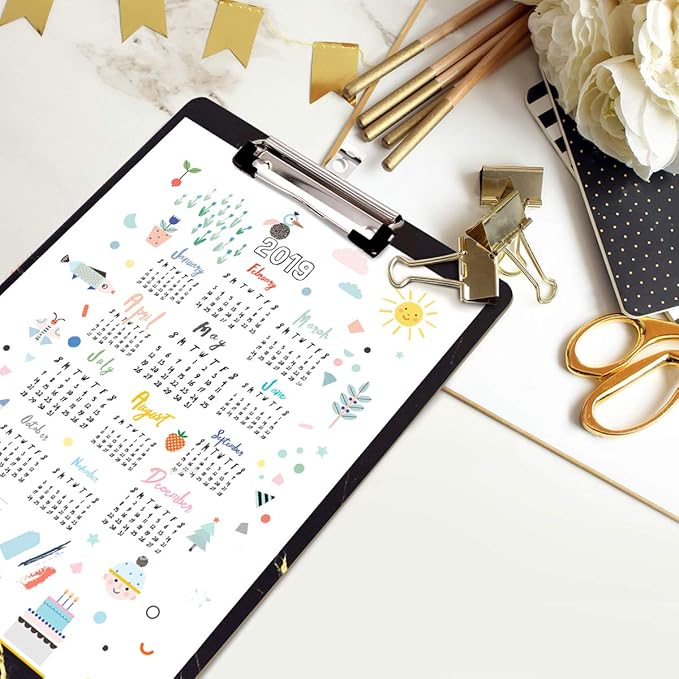 WAVEYU Hardboard Office Clipboard, Decorative Clipboard with Low Profile Clip Chic Marble Design for Students Classroom School and Office Use, Black (12.5"x9")