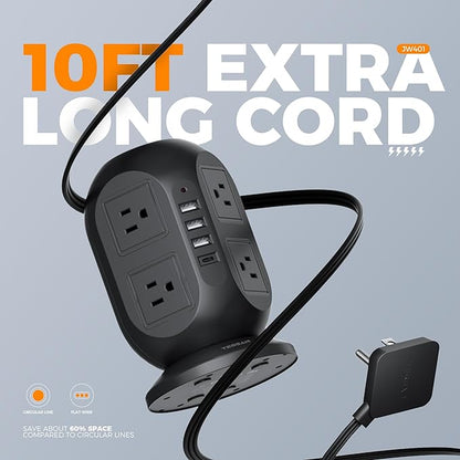 Surge Protector Power Strip Tower, TESSAN 10 ft Flat Extension Cord with Multiple Outlets, 8 AC Outlets 4 USB Ports (1 USB C), Charging Station with Surge Protection for Home Office Dorm, Black