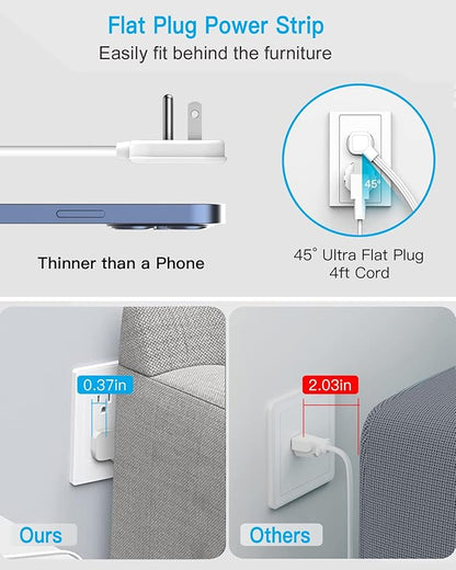Flat Multi Plug Extender with 3 USB Wall Charger(1 Type C), 4 Outlet Wall Adapter, 4 ft Thin Extension Cord, Flat Plug Surge Protector Power Strip for Home, Office, College Dorm. White