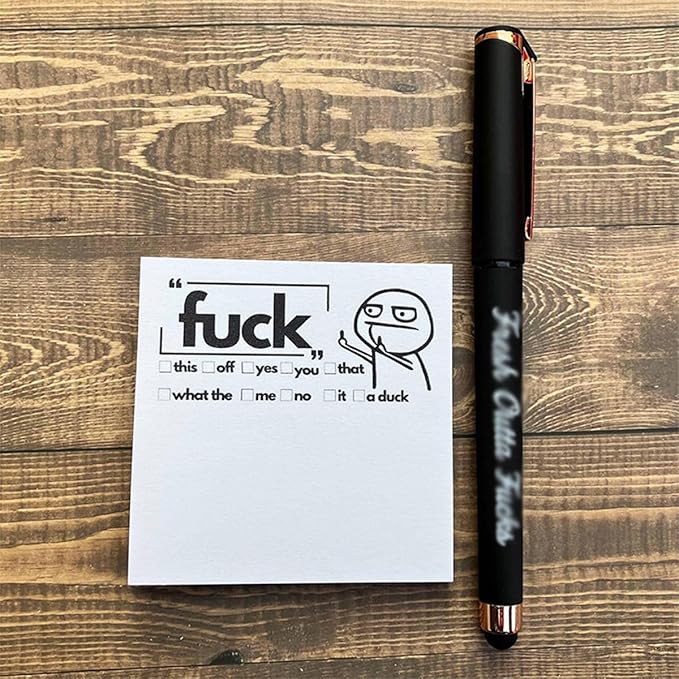 Fresh Outta Fucks Pad and Pen Funny Sticky Notes and Pen Set White Elephant Gift Novelty Pen Funny Desk Accessory Fun Gifts for Friends (Black)