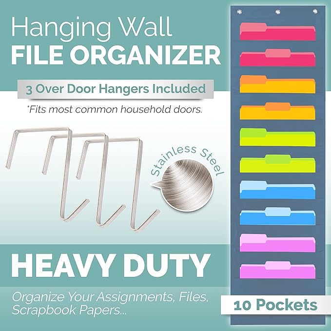 Hippo Creation Blue Pocket Chart for Classroom - 10 Pocket Storage Black Pocket Charts, 3 Over Door Hangers Included, Hanging Wall File Organizer for File Folders, School Mailbox, Home/Office Papers