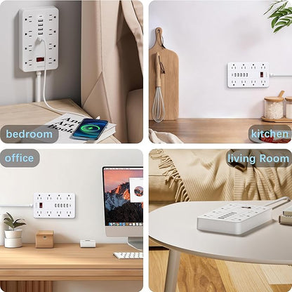 Extension Cord Power Strip Surge Protector 15 Ft, HUNIAN Flat Plug with 8 Widely Spaced Outlets 6 USB (1 USB C Port), Wall Mount Charging Station for Home and Office