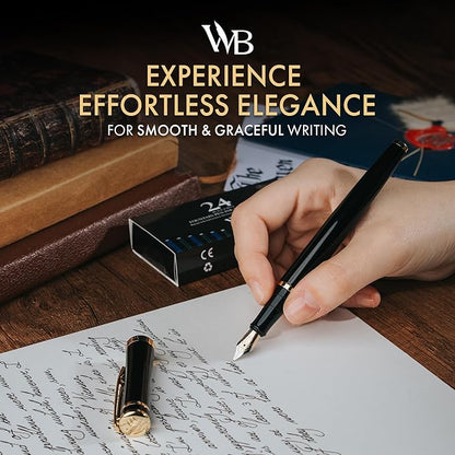 Wordsworth & Black Extra Fine Nib Fountain Pen Set Includes 24 Ink Cartridges and Piston Converter, Gift Box, Journal, Calligraphy, Gold Black