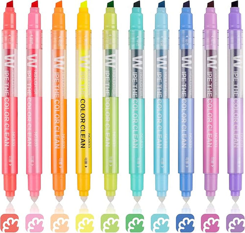 Erasable Highlighters, Dual Tip 10 Colors Erasable Highlighter Pen Assorted Colors, Smooth Writing Book Journaling Highlighters Erasable, No Bleeding Highlighters for Bible Journal Planner