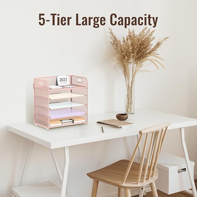 Supeasy 5 Trays Paper Organizer Letter Tray with Handle-Mesh Desk File Organizer, Paper Sorter Desk Organizer for Office, Home or School