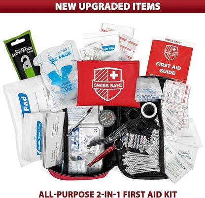 Swiss Safe 2-in-1 First Aid Kit for Car, Travel & Home, Businesses - Bonus Mini Kit for Medical Emergency Aid, Survival, Camping - FSA & HSA Eligible - 120+32 Pcs, Small+Travel FAK