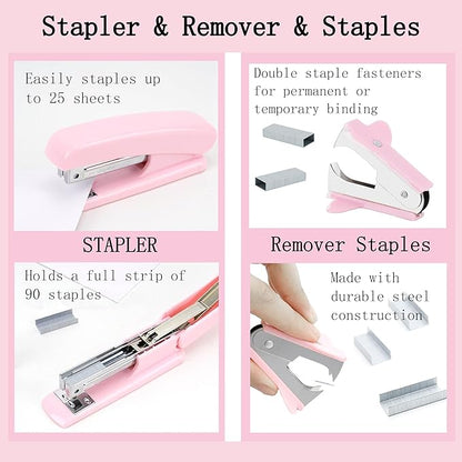 Pink Desk Accessories, Pink Office Supplies 360°Pen Holder Desk Organizers and Accessories with Tape Dispenser, Stapler, Staple Remover, 1000 Staples, Tape, Clips Set, Ruler, Scissor, Pen