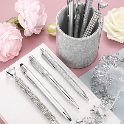 Sabary 8 Pcs Ballpoint Pens with Pen Holder for Desk Glitter Crystal Diamond Fancy Pencil Holder Bling Desk Organizer Cute Stationery Supplies for Women Girls Wedding Office School Gifts(Silver)