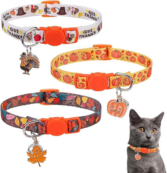 SCENEREAL Thanksgiving Day Breakaway Cat Collar with Bells, Safety Buckle Soft Adjustable Cats Collars for Daily Wearing, Kitten Puppy Personalised Collars for Dogs Girl Boy