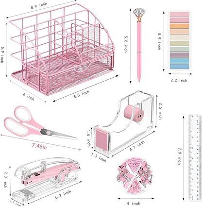 Pink Desk Organizers and Accessories, Pink Office Supplies with Mesh Desk Organizer, Acrylic Tape Dispenser and Stapler, Staples, Ballpoint Pen, Clips Set, Ruler, Scissor, Sticky Labels