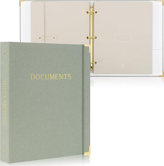 Aesthetic Document Organizer - Sturdy Linen 3-Ring Binder Safely Stores All Your Important Documents and Files in One Place - Easy to Use Expanding Storage Folder Incl. Envelopes, Pockets & Labels