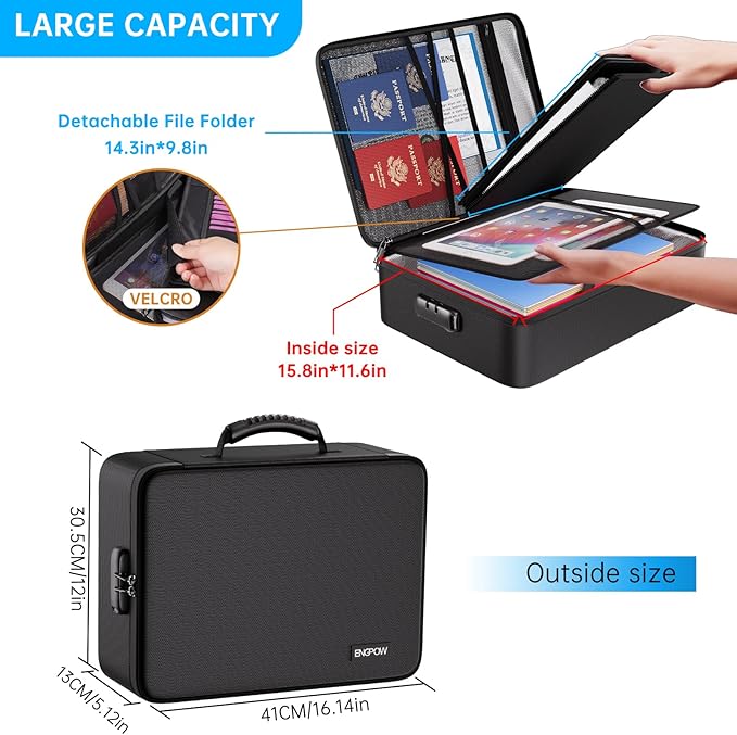 ENGPOW Fireproof Document Box with Lock, 5200℉ Soft Case Fireproof Box with 25 Colorful Pocket Accordion File Folder, Fireproof Water Resistant Safe Box File Organizer for Important Documents