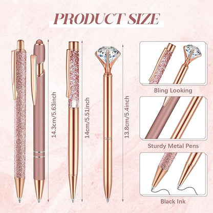 Sabary 8 Pcs Ballpoint Pens with Pen Holder for Desk Metal Crystal Diamond Pen Glitter Pencil Holder Fancy Pens Black Ink Bling Desk Organizer for Women Girls Office School Wedding Gifts (Rose Gold)