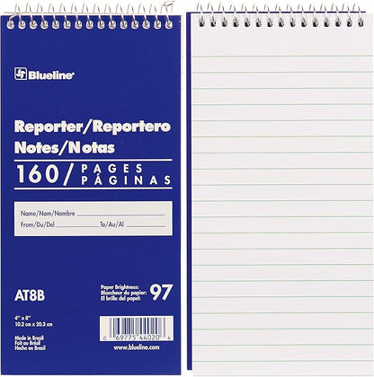 Blueline Reporter Notebook / Note Pad, 4 x 8 inches, 160 Pages / 80 Sheets (AT8B)