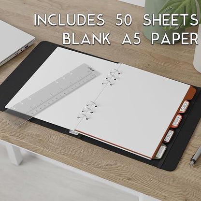 A5 Blank Paper 6-Hole Punched Accessory Kit - 50 Sheets, Ruler, Dividers, and Tab Stickers. 100 GSM, 148mm x 210mm (5.83" x 8.27")
