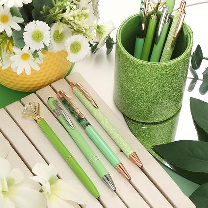 Sabary 8 Pcs Ballpoint Pens with Pen Holder for Desk Glitter Crystal Diamond Fancy Pencil Holder Bling Desk Organizer Cute Stationery Supplies for Women Girls Wedding Office School Gifts(Green)