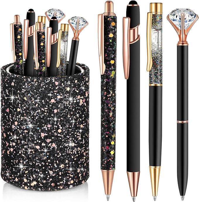 Sabary 8 Pcs Ballpoint Pens with Pen Holder for Desk Glitter Crystal Diamond Fancy Pencil Holder Bling Desk Organizer Cute Office Supplies for Women Girls Valentines Birthday Gifts(Black)