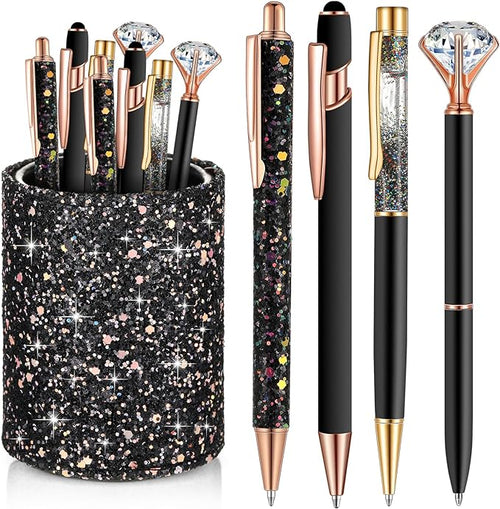 Sabary 8 Pcs Ballpoint Pens with Pen Holder for Desk Glitter Crystal Diamond Fancy Pencil Holder Bling Desk Organizer Cute Office Supplies for Women Girls Valentines Birthday Gifts(Black)