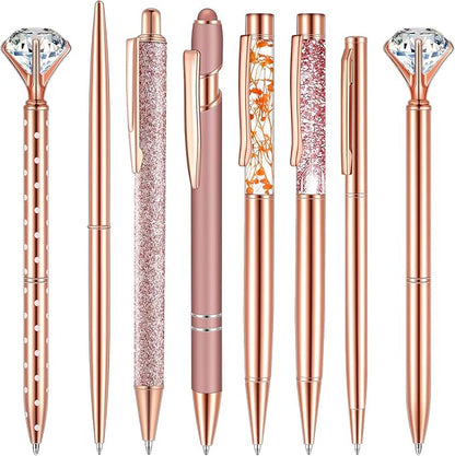 Supervitae 8 Pcs Ballpoint Pen for Women Fancy Gifts for Journaling Liquid Sand Glitter Black Ink Pens Bridal Shower Gifts for Wedding Women Office Desk School Stationery Supplies(Rose Gold)