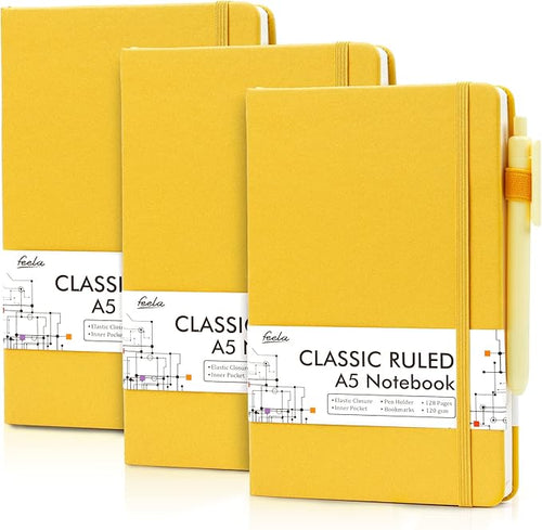 feela 3 Pack Notebooks Journals Bulk with 3 Black Pens, A5 Hardcover Notebook Classic Ruled Lined Journal Set with Pen Holder for Work Business Journaling Note Taking, 120 GSM, 5.1”x8.3”, Yellow