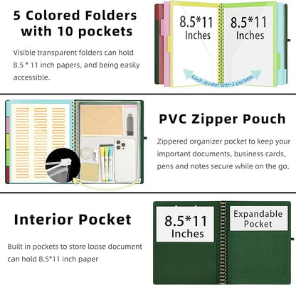 Ospelelf Foldable Spiral Clipboard Folio with Storage Zipper Pouch, 5 Plastic Folders with 10 Pockets,Refillable Lined Notepad (11" x 8.5"), Hardcover Project Organizer with 39 Stickers (Dark Green)