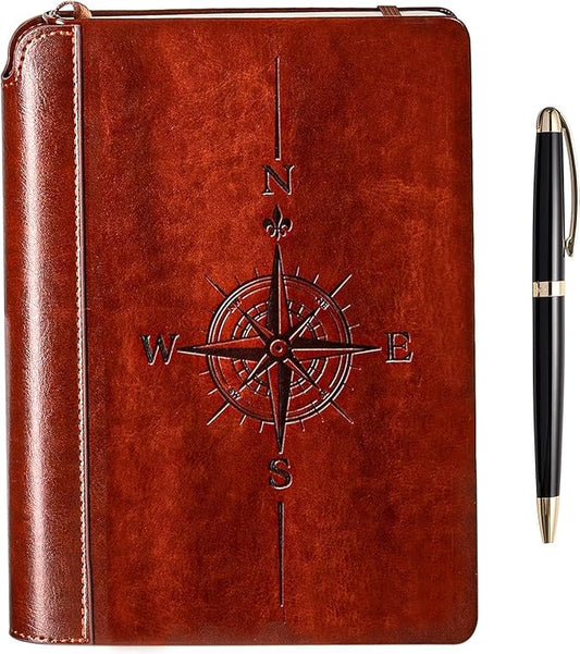 SETTINI® Lined Journal - Compass Journal for Writing Gift Set - Hardcover Vegan Leather, Includes Luxury Pen in a Unique Pen Holder, 192 Pages, 6 x 8.5 inches, Birthday Gifts for Men
