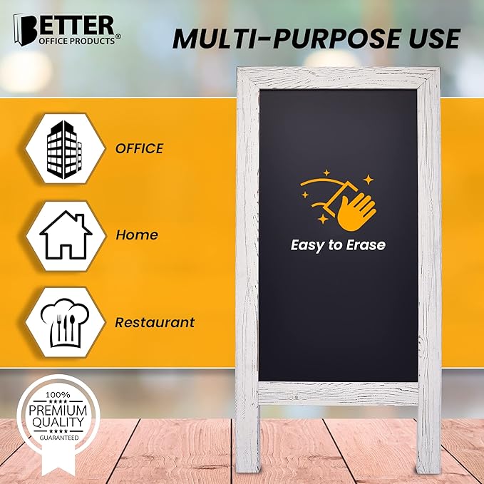 Better Office Products Magnetic A-Frame Chalkboard Sign, Extra Large 20" x 40", Standing Chalkboard Easel, with Chalk Marker + Chalk & Eraser, Sandwich Board Outdoor Sidewalk Sign,(Whitewash)