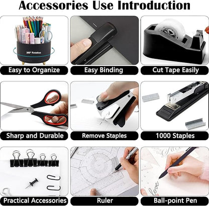 Office Desk Accessories, Black Office Supplies 360°Pen Holder Desk Organizers And Accessories with Tape Dispenser, Stapler, Staple Remover, 1000 Staples, Tape, Clips Set, Ruler, Scissor, Pen
