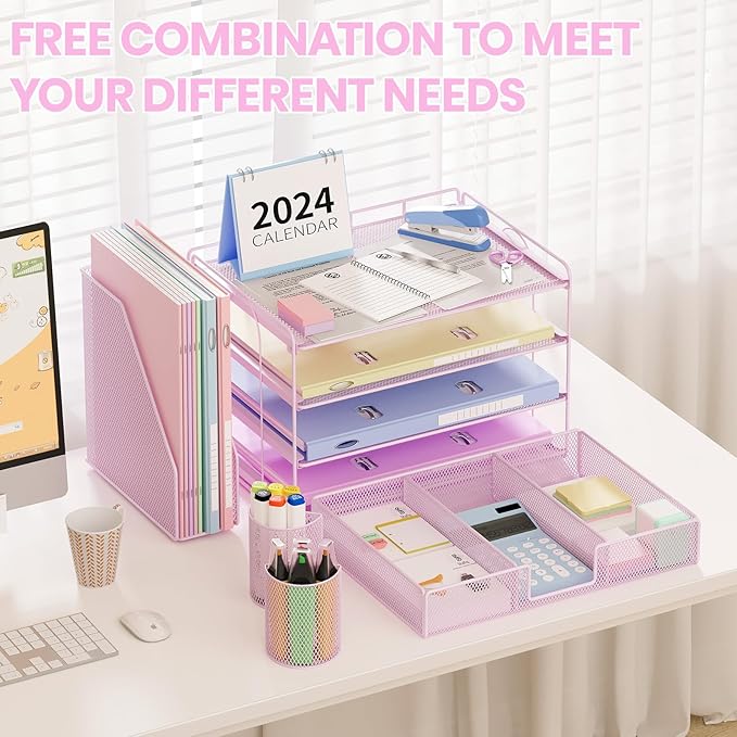 Desk Organizers and Accessories, Desk Accessories & Workspace Organizers for Office Supplies, File Organizer Desk Drawer Organizer with 2 Pen Holders, 4 Tier Paper Organizer for Desk(Pink)