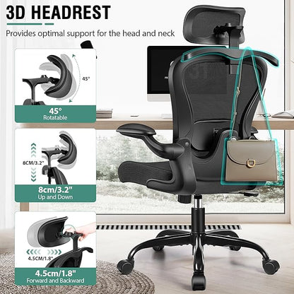 Office Chair, Ergonomic Office Chair with 3D Lumbar Support 3D Headrest, Comfy High Back Home Desk Chairs, Breathable Mesh Computer Chairs with Flip-Up Armrests & Hanger(Black)