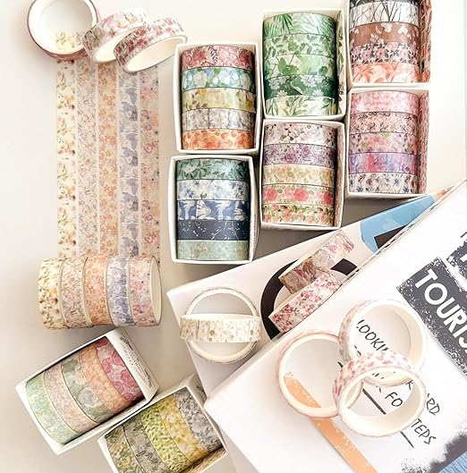 YUBX Flowers Washi Tape Set 30 Rolls Floral Patterns Decorative Skinny Slim Masking Tapes for Arts, DIY Crafts, Journals, Planners, Scrapbook, Wrapping (Greens Thrive)
