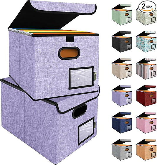 BALEINE File Organizer Box with Lid, Collapsible File Folder Organizer with Plastic Slide, Hanging File Folder Box for Office Document Storage (2 Pack, Purple)