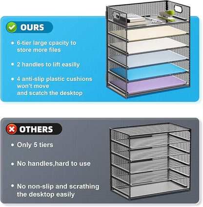 Marbrasse 6 Tier Paper Organizer Letter Tray - Mesh Desk File Organizer with Handle, Paper Sorter Organizer for Letter/A4 Office File Folder Holder - Black