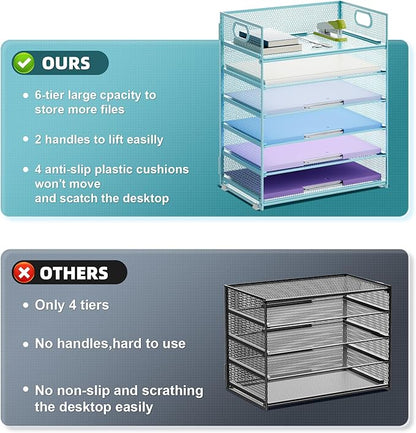 Marbrasse 6 Tier Paper Organizer Letter Tray - Mesh Desk File Organizer with Handle, Paper Sorter Organizer for Letter/A4 Office File Folder Holder -Blue