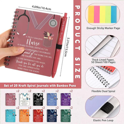 Jetec 20 Sets 2025 Nurse Appreciation Gift Thank You Gifts for Medical Nursing Assistants Inspirational Spiral Notebook Journal with Sticky Note Notepad Ballpoint Pen Bulk for Nurse Coworker Doctor