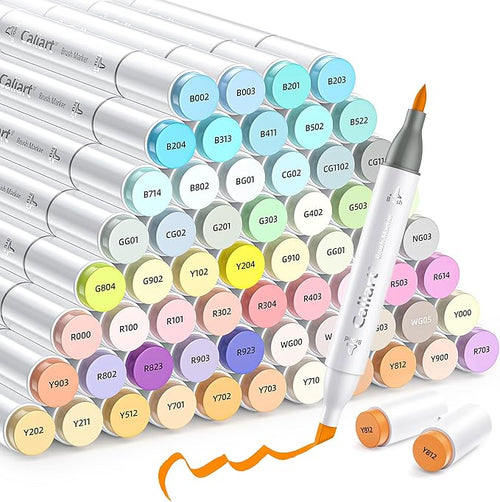 Caliart 61 Colors Pastel Alcohol Markers, Brush & Chisel Dual Tip Markers for Adult Coloring Book, Sketch Pens Permanent Art Markers Set for Easter Eggs Decorations Stuffers Drawing Supplies Gift