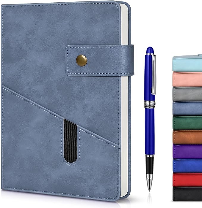 Blue A5 Lined Leather Journal Notebook for Men Women,5.9" X 8.4" Personalized Hardcover Journal with Pen,200 Pages 100 Gsm Thick Ruled Paper Daily Diary for Travel,Business,Work,Writing