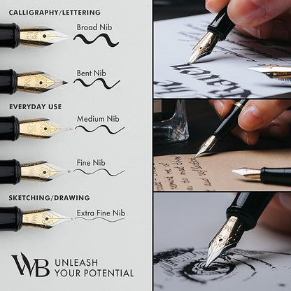 Wordsworth & Black Chrome Plated Chrome Black Calligraphy Fountain Pen Set with 24 Ink Cartridges, Piston Converter and Gift Box