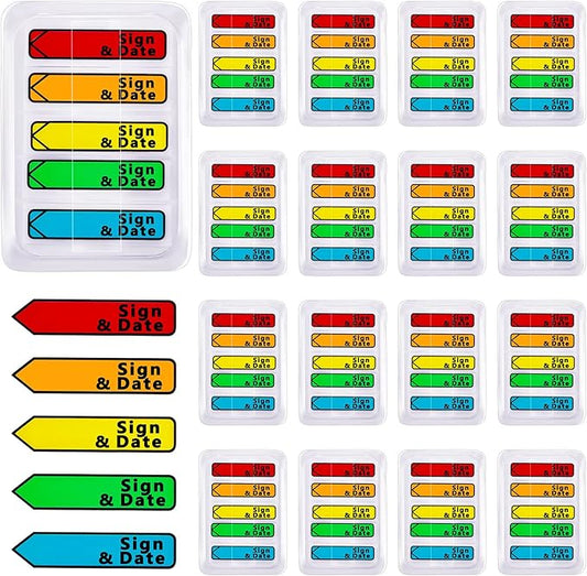 Teling 2000 Pcs/ 20 Packs Sign Here Sign Date Tabs Stickers Colored with Dispenser Arrow Flag Tabs with Dispenser Easy to Post for Notary Books Paper(Classic Style)