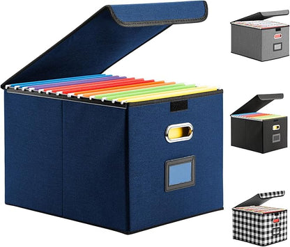 File Organizer Box with Lid, Collapsible File Folder with Plastic Slide for Office/Decor/Home, Hanging Office Document Storage, 14.9 6x 12.6 x 10.83 inch，1 pack - without folders,Blue