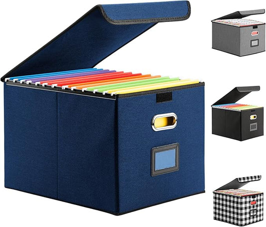 File Organizer Box with Lid, Collapsible File Folder with Plastic Slide for Office/Decor/Home, Hanging Office Document Storage, 14.9 6x 12.6 x 10.83 inch，1 pack - without folders,Blue