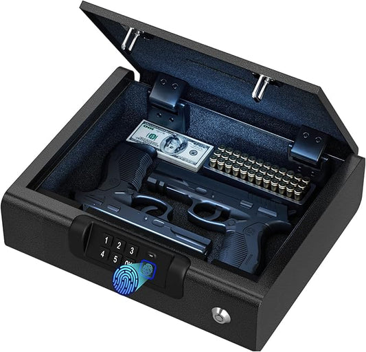 Gun Safe,Biometric Gun Safe for Pistols 3-Ways unlock Fingerprint Digital PIN Key Unlock with Voice, Lock box for Cloakroom living room Bedroom Nightstand and Car BILLCONCH