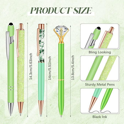 Sabary 8 Pcs Ballpoint Pens with Pen Holder for Desk Glitter Crystal Diamond Fancy Pencil Holder Bling Desk Organizer Cute Stationery Supplies for Women Girls Wedding Office School Gifts(Green)