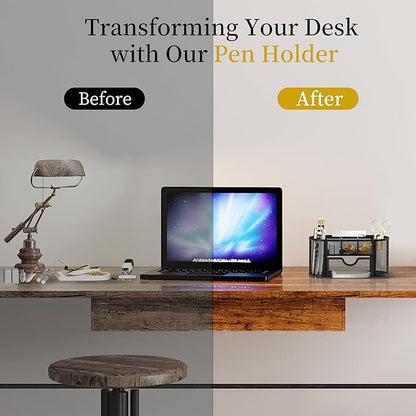 SUPEASY Mesh Desk Organizer, Desk Accessories & Workspace Organizers with Drawers, Pencil Holder for Desk with 9 Compartments for Office Supplies, 8.6 x 4.3 x 4.1 Inch, Black