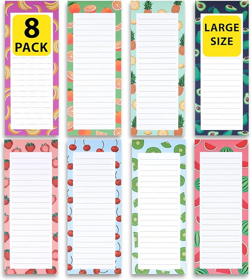 8 Large Magnetic Notepads – Big Notepads for Grocery List, Shopping List, To-Do List, Reminders -Strong Magnetic Back- Memo Pads with Realistic Fruit Designs | 60 Sheets per Pad 9 x 3.5 inch (8 Pack)